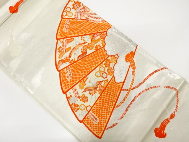 桧扇に松・鶴模様織り出し　袋帯